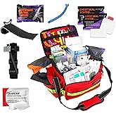 Lightning X Mid-Sized First Responder EMT Bag | LXMB25 | Fully Stocked w/ 248+ First Aid Supplies + Trauma Pak w/C.A.T. Tourniquet & QuikClot - RED