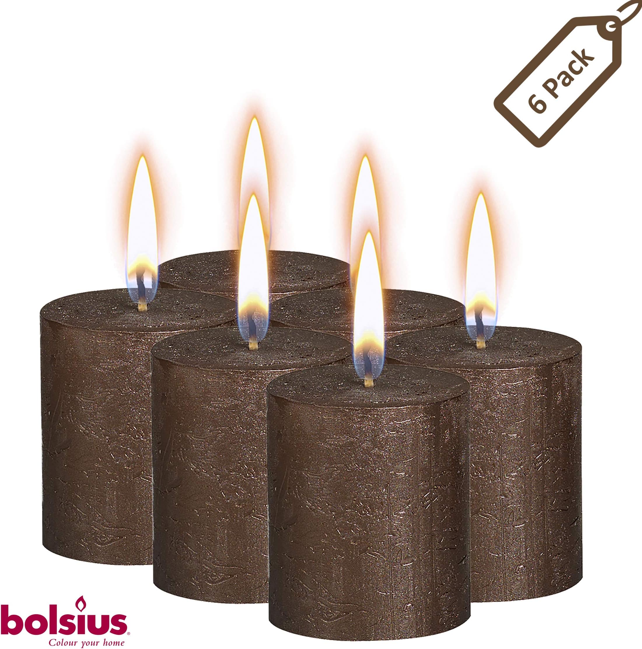 Bolsius Rustic Metallic Set of 6 Brown Copper Unscented Pillar Candles –2.75 X 3.25 Decoration Dinner Wedding Party Candles – Perfect Use for Home Décor - Church-Spa Candle – Restaurant 80/68m Inches…