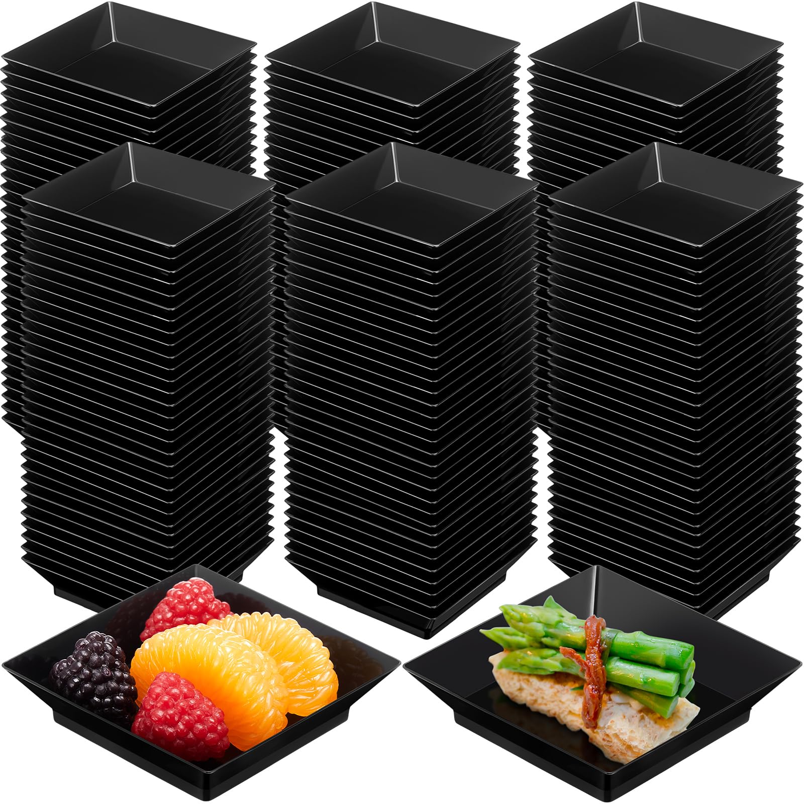 Photo 1 of Gandeer 200 Pieces Mini Square Dessert Plates 2.5 x 2.5 Inch Disposable Appetizer Plates Small Clear Plastic Dish for Dessert Salad Appetizer Sauces Tastings Cake Wedding Party Serving (Black)