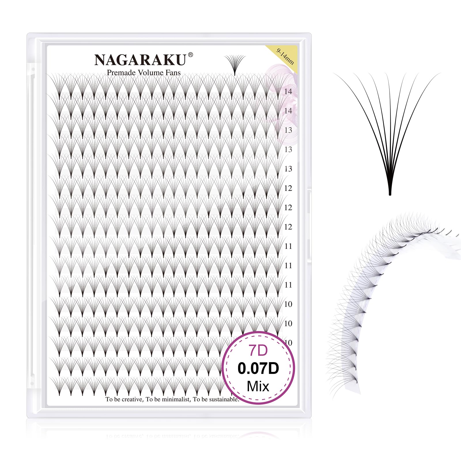 NAGARAKU Eyelash Extensions 320 Clusters Premade Fans Russian Volume Long Stem Premade Fans Thin Pointy Base Natural Pre Fanned Fluffy False Eyelash Black 16 Rows (7D 0.07 D Curl 9-14mm Mix Tray)
