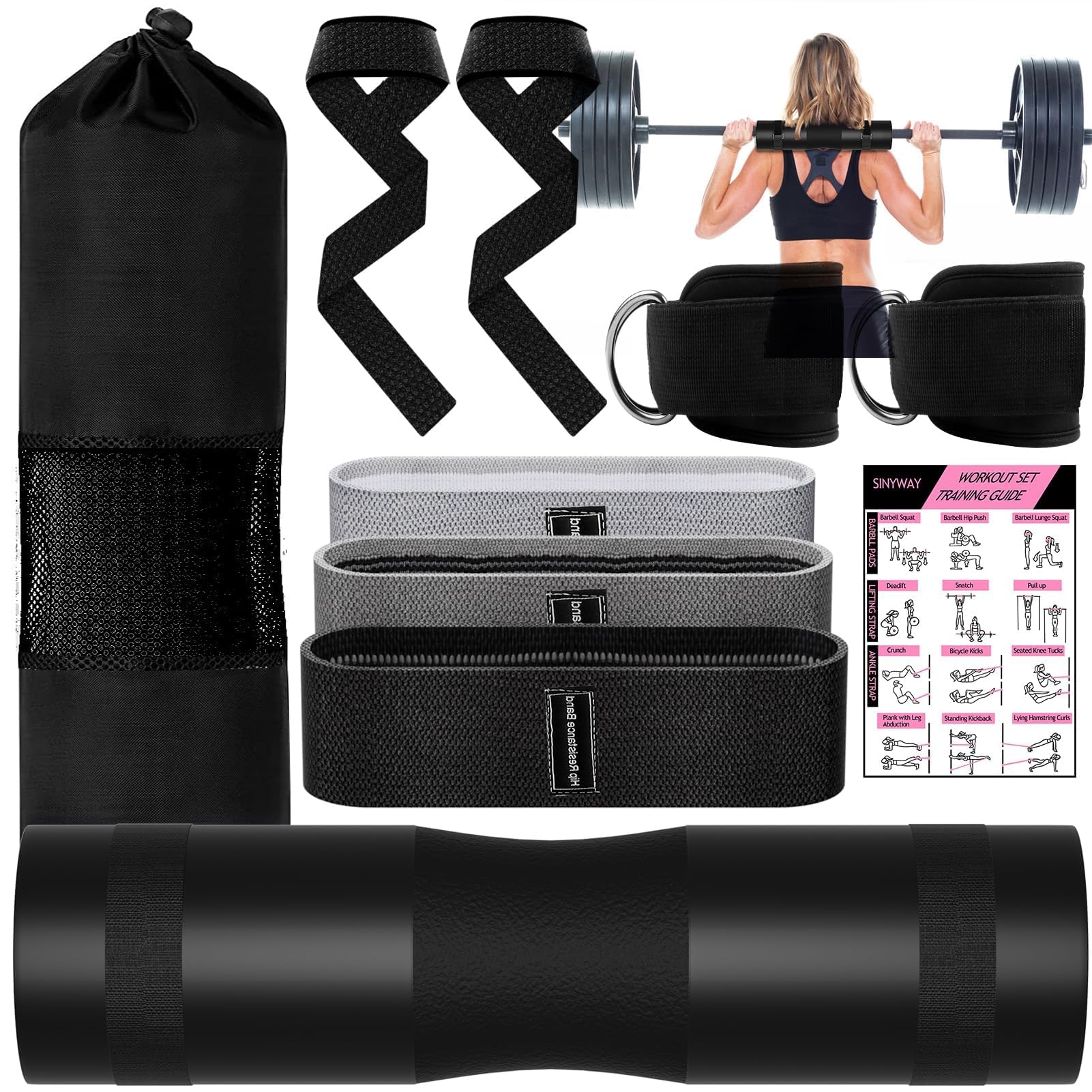 Photo 1 of 10 PCS Barbell Pad Set for Squat, Hip Thrusts Pad for Squats,Bench Press with Barbell Pad, 2 Gym Ankle Straps,3 Hip Resistance Bands,Lifting Strap,Workout Poster Gym Equipment Accessories?Black?