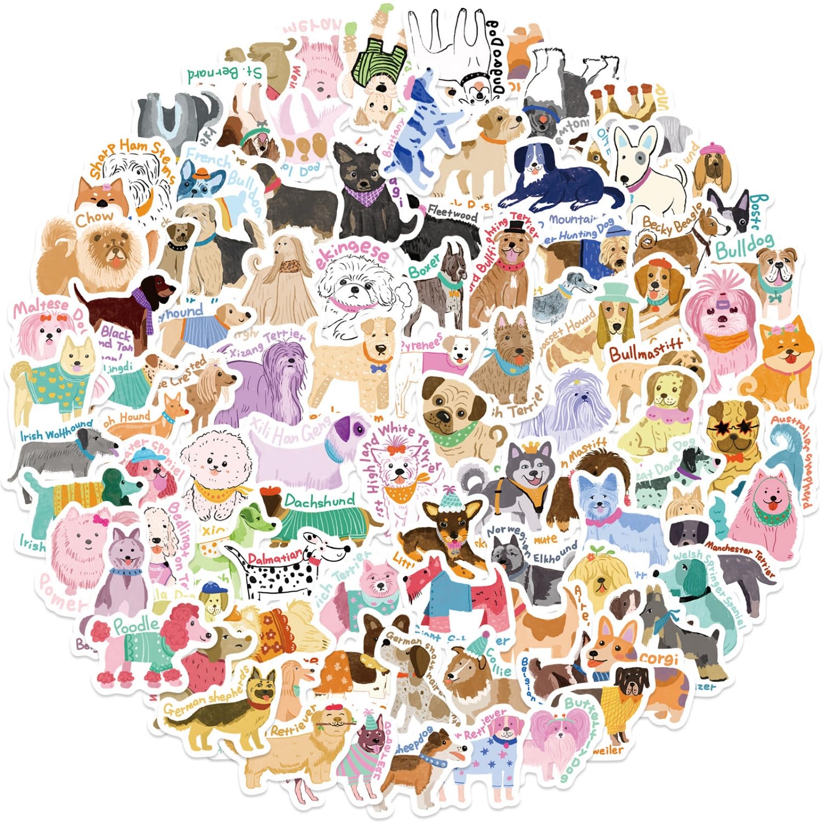 100pcs Funny Cartoon Pet Dog Stickers Bosol Dog Sticker for Kids Teens Adults, Yorkshire Pekinness Boxer Dachshund Stickers Pack, Waterproof Cool Meme Golden Retriever Minisize Decals for Laptop