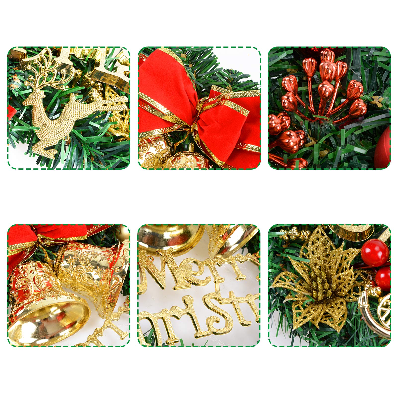 Voilamart Christmas Wreath 40CM/16Inch Artificial Garland with Bowknot Bells and Baubles Xmas Decorations for Fireplaces Stairs Wall Door