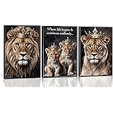 3pcs Lion Wall Art with Crown Lion Family Canvas Prints Posters Wild Animal Pictures Modern Inspirational Animal Decor Paintings for Home Bedroom Living Room Office Wall Decor Unframed