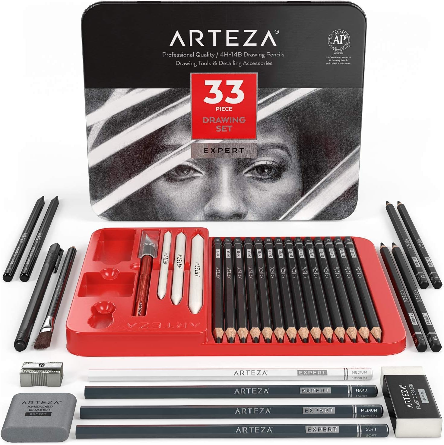 Arteza Drawing Set for Adults, Set of 33 Artist Sketching Tools, Includes 20 Graphite & 4 Charcoal Sketch Pencils, 1 Fineliner, 3 Blenders, 1 Sharpener, 3 Erasers & 1 Hobby Knife : Office Products