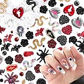 120 Pcs Halloween Resin 3D Nail Art Charms, Mix Styles Spider Snake Skull Hand Ghost Bat Flatback Slime Figures Charm with Half Round Rhinestones Halloween Charms for Nails Hallows' Day Party DIY
