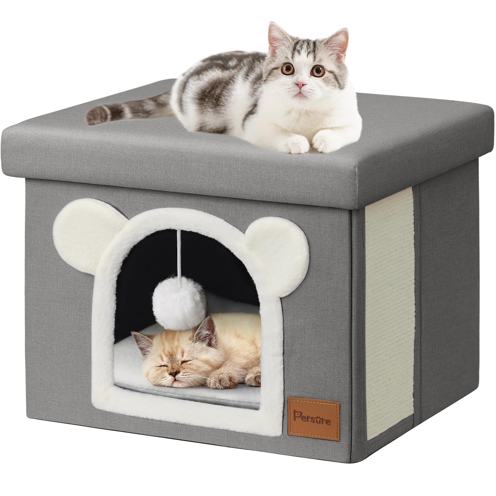 Photo 1 of Persure Covered Cat House Cat Bed for Indoor Cats Multifunctional Living Room Footstool Kitty Condo with Double-Sided Mat and Cat Scratching Board(Grey, Footstool Cats House)