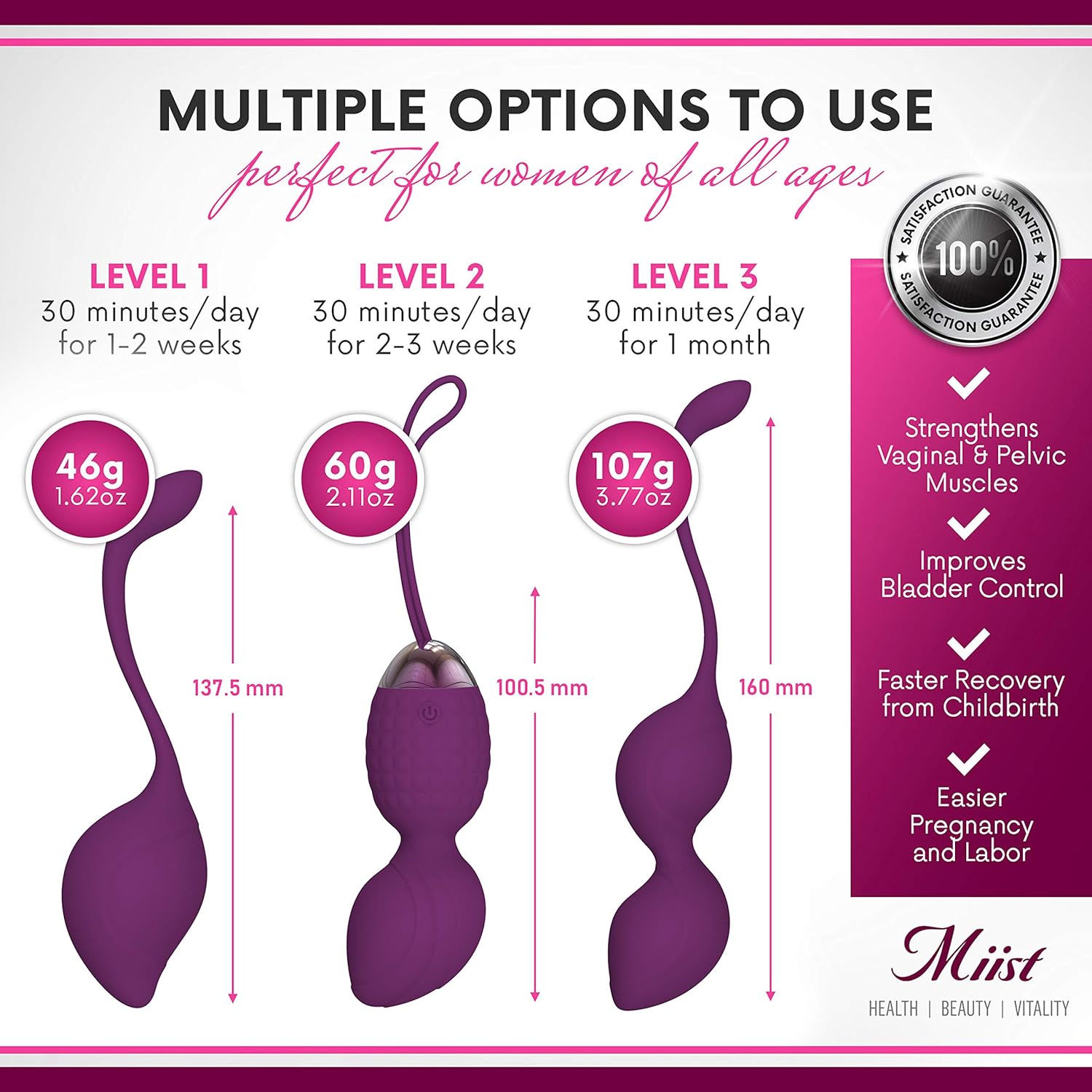 Kegel Balls for Women - Ben Wa Weight Balls for Exercise- 2-in-1 Pelvic Exercise Ball- Bladder Control & Pelvic Floor Strengthening Device -100% Silicone (New) (Purple): Health & Personal Care