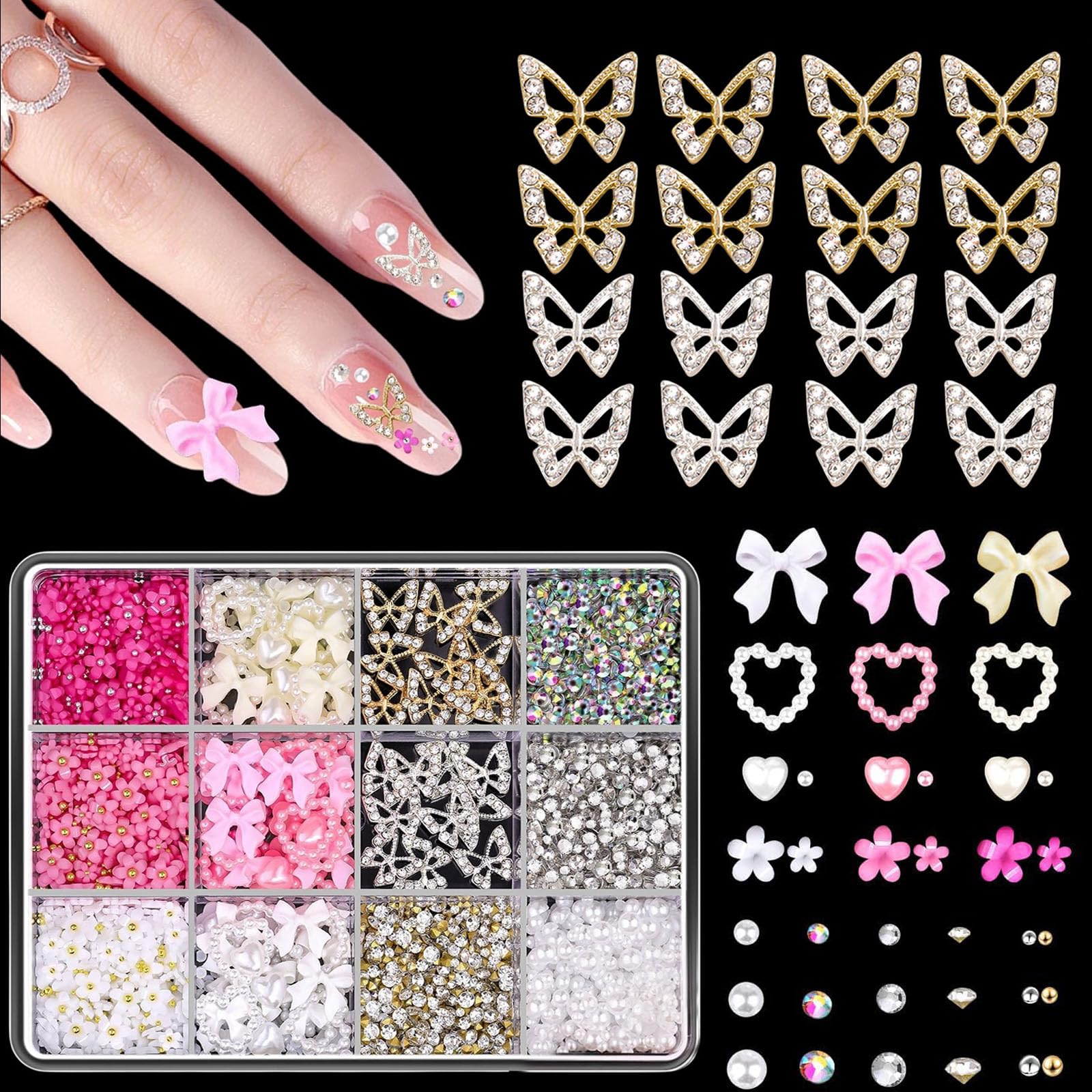 3D Nail Charms - White Pink Bow Heart Flower Pearl Nail Art Decorations with Gold Silver Caviar Beads, Rhinestones for Women Girls Manicure Design DIY Craft