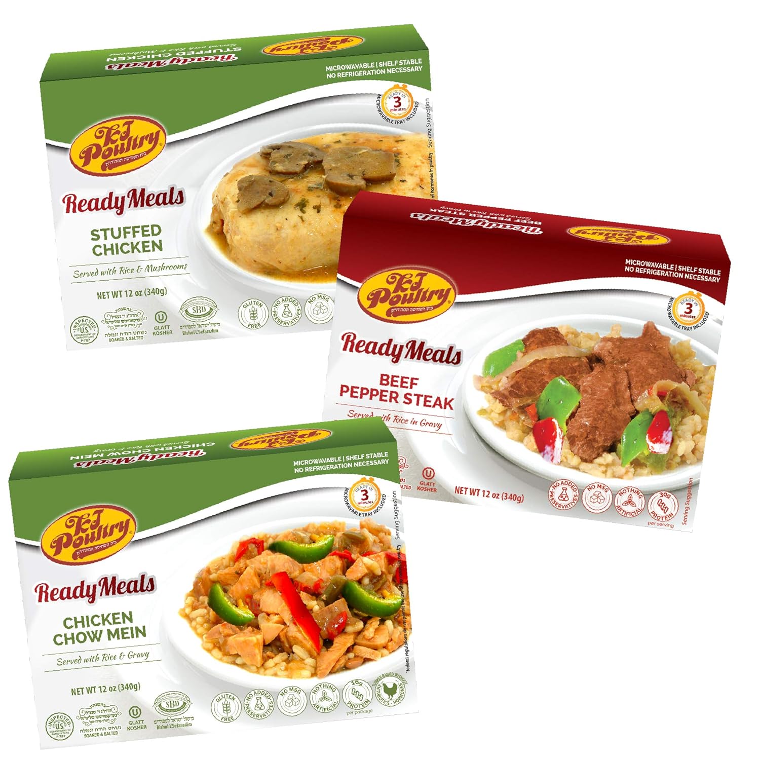 Kosher Mre Meat Meals Ready to Eat, Variety of Chicken Chow Mein, Stuffed Chicken Breast, Beef Pepper Steak (3 Pack Bundle) - Prepared Entree Fully Cooked, Shelf Stable Microwave Dinner