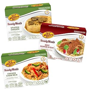 Kosher Mre Meat Meals Ready to Eat, Variety of Chicken Chow Mein, Stuffed Chicken Breast, Beef Pepper Steak (3 Pack Bundle) - Prepared Entree Fully Cooked, Shelf Stable Microwave Dinner
