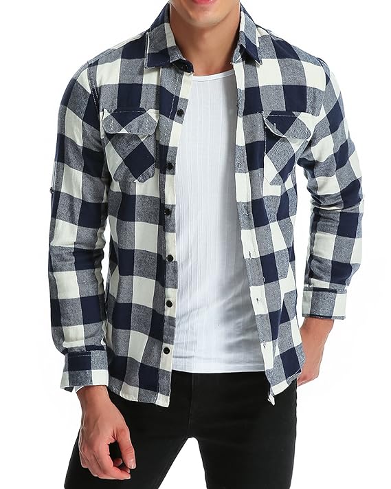 MODCHOK Herren Freizeithemd Langarm Shirt Flanellhemd Karierte Karo-Hemd Oberteile Trachtenhemd Slim Fit