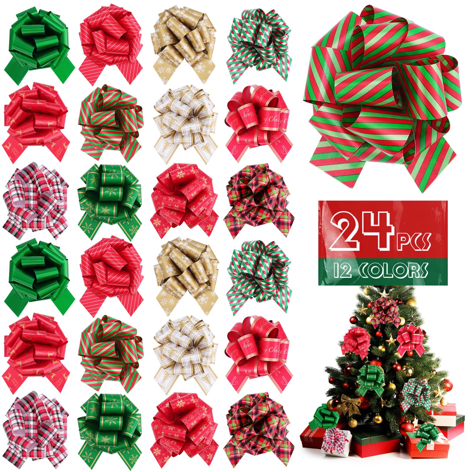 Photo 1 of 24 PCS Christmas Wrap Gifts Pull Bows, 12 Colors 5 Inches Reusable Multi Color Pull Bows,Christmas Bows for Gift Wrapping, Gift Bows for Christmas Tree,Fruit Baskets Decorations.
