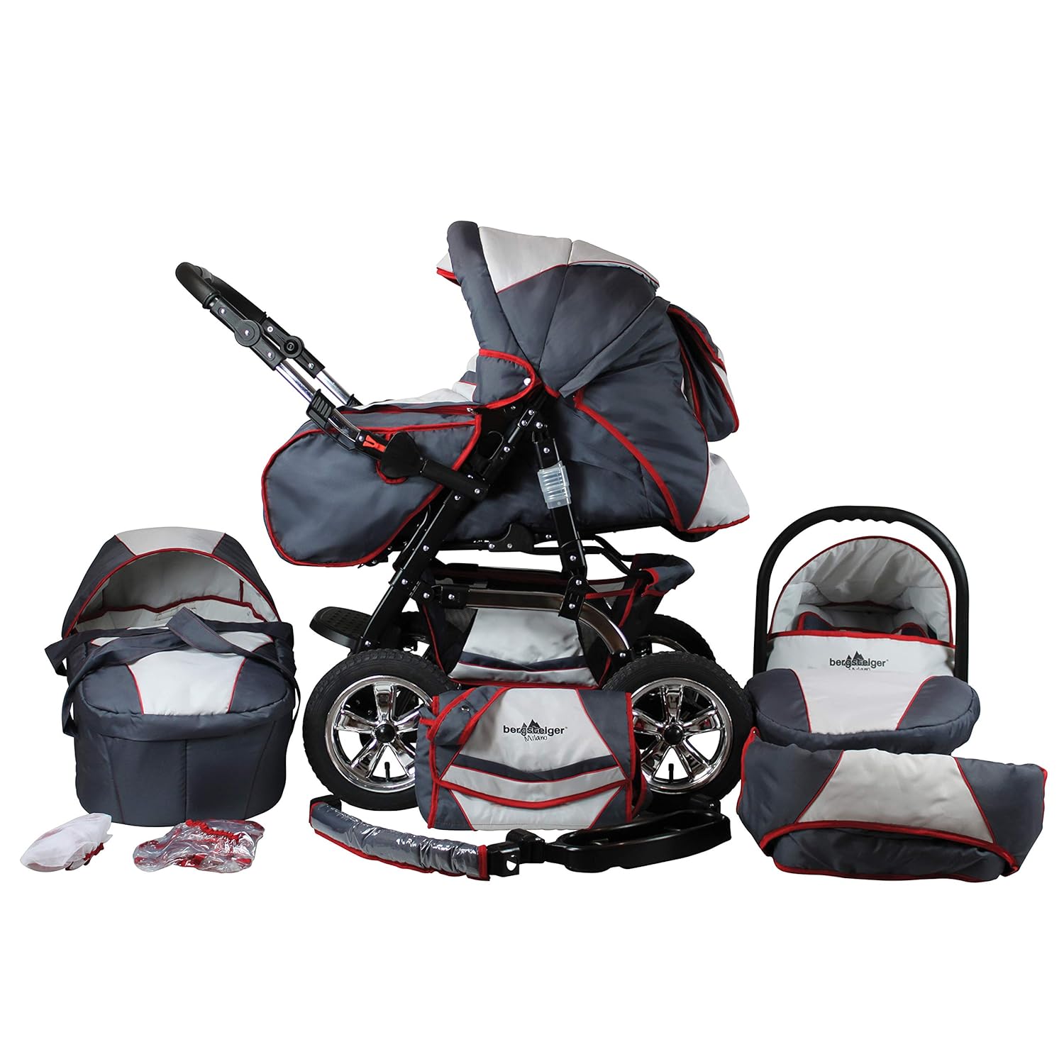 Bergsteiger Milano Kombikinderwagen + Autositz mit Travelsystem (Megaset 10 - teilig); Farbe: Grey + Red Stripes
