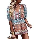 KAYWIDE Women's Casual Boho V Neck Top Loose Floral Printed Long Sleeve Beach Shirts Blouses