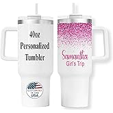 40oz Personalized Tumbler With Handle | Stainless Steel Insulated | Travel Mug | Double Wall Coffee Cup for Hot and Cold Drinks | Pink Glitter Effect with Name | Custom 40 oz Tumblers