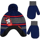 Disney Mickey Mouse Beanie Hat and Gloves Set, Boys Cuffed Peruvian Winter Knit Cap with Pom and Matching Mittens, Navy, One Size