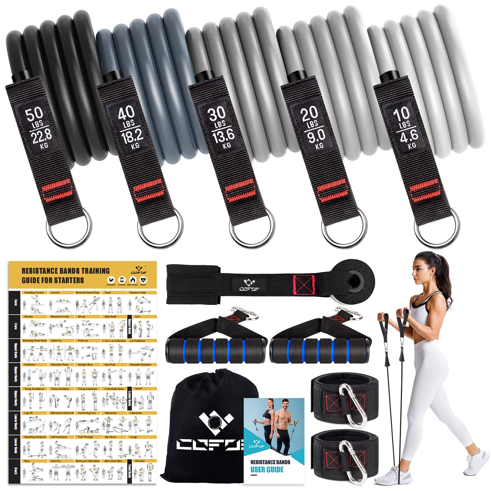 Photo 1 of Resistance Bands with Handles for Women, 5 Level Exercise Bands Workout Bands for Physical Therapy, Yoga, Pilates, Door Anchor, Storage Pouch(Grey)