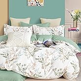 ALEISSEL 100% Natural Cotton 3pcs King Duvet Cover Sets-Green Duvet Cover with Luxurious Tan & Sage Leaves on White,Reversible Comforter Cover Sets with Button Closure(King,Botanical