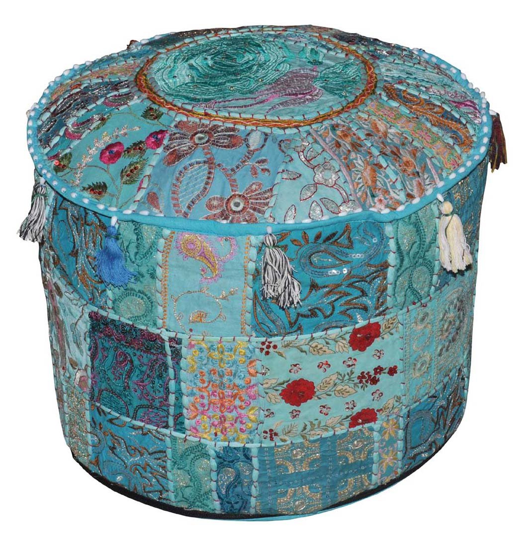 Marubhumi Indian Pouf Stool Vintage Patchwork Embellished With Patchwork Living Room Ottoman Cover, 46 X 33 Cm