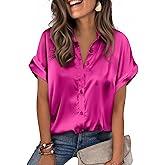 Zeagoo Womens Satin Blouse Short Sleeve Silk Tops Button Down Shirts Business Casual Outfits