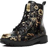 coolcustomize Womens Mushroom Floral Combat Boots - Witchcore Forest Goth Boots Chuncky Heel Vegan Leather Fashion Lace-Up Black Ankle Booties