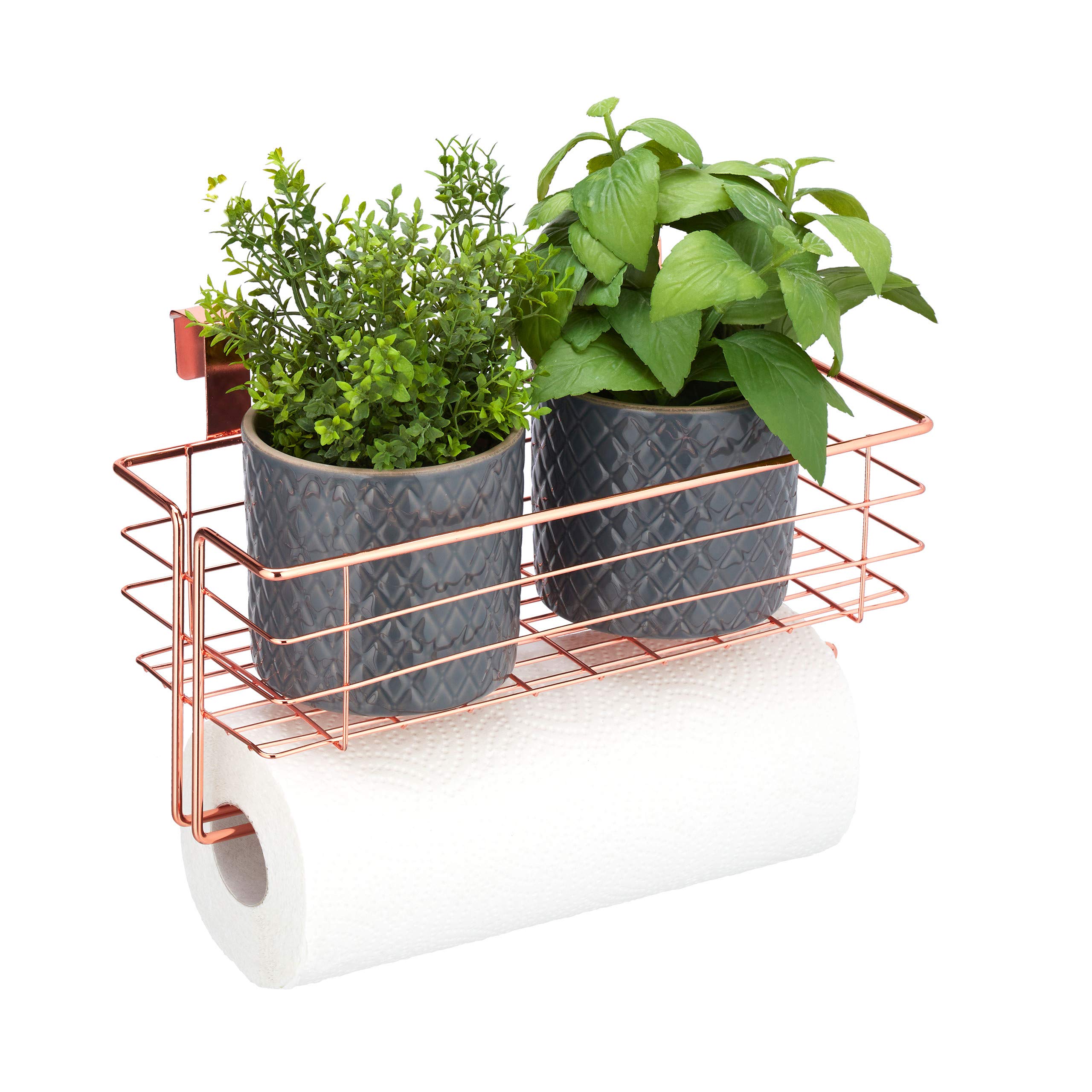 Relaxdays Hanging Basket, Lattice Storage with Roll Holder or Towel, Kitchen & Bathroom, Metal, HWD: 18x31x17 cm, Copper