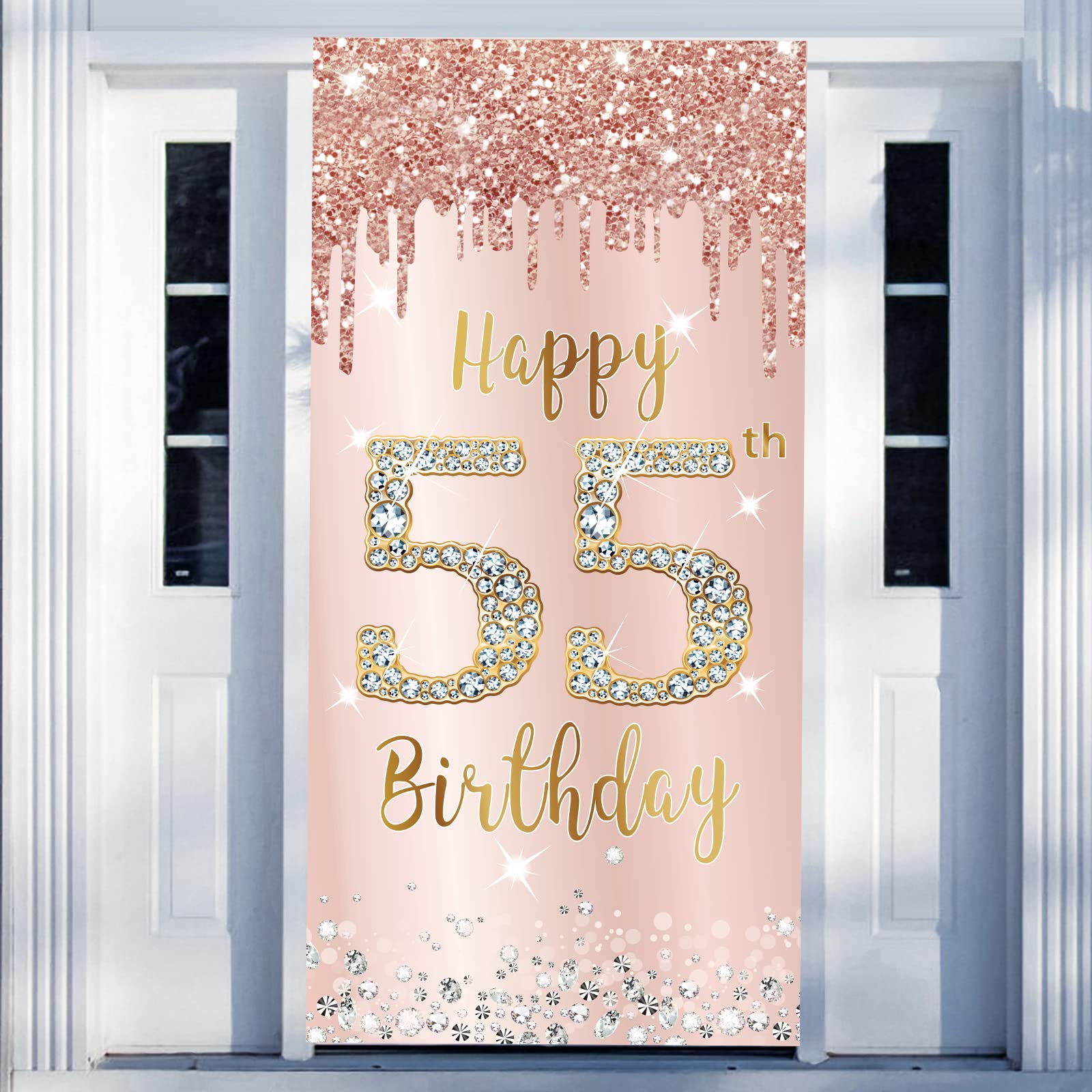 55th Birthday Decorations Door Banner for Women, Pink Rose Gold Happy 55 Birthday Backdrop Party Supplies, Large 55 Year Old Birthday Door Cover Sign Decor