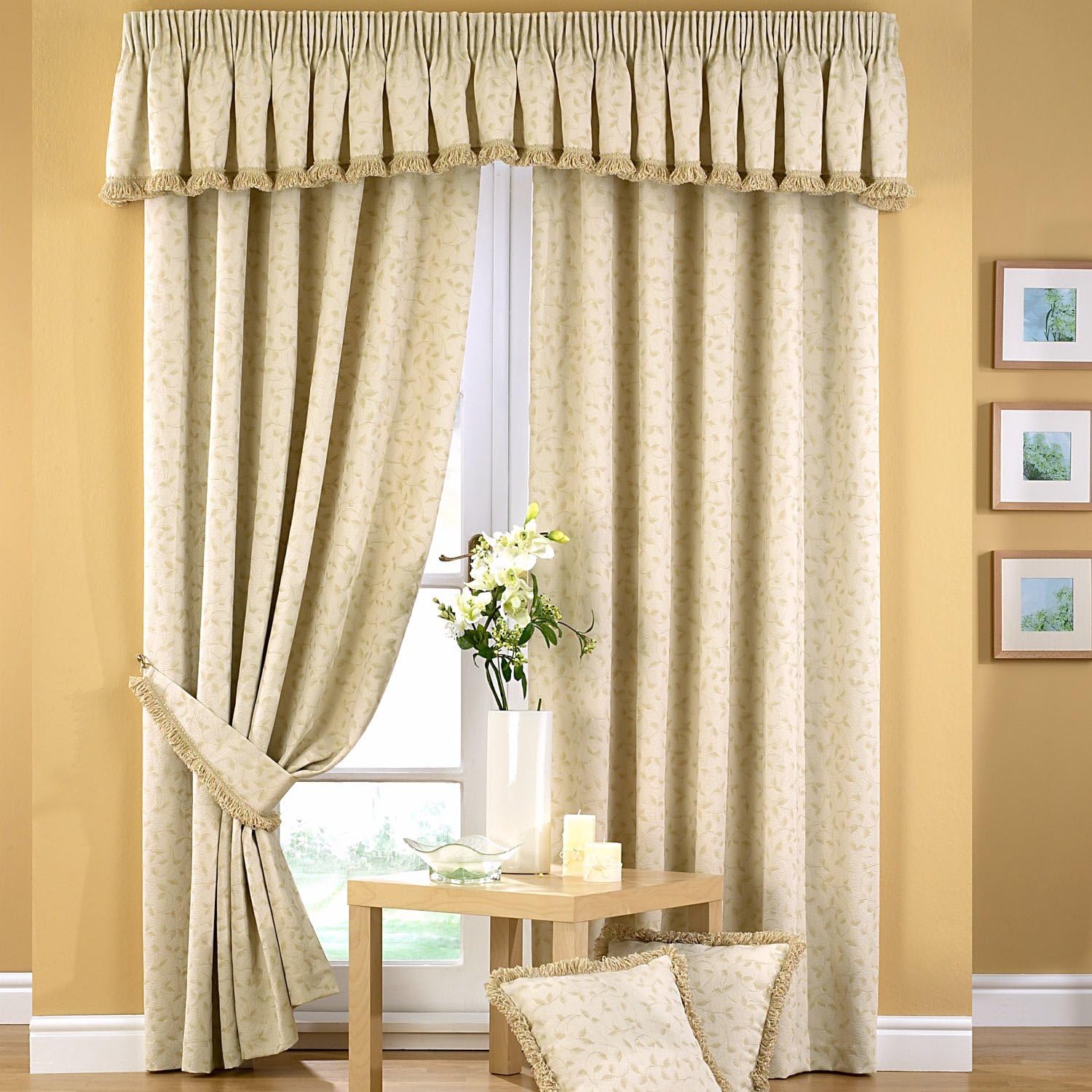 Folia Luxury Leaf Jacquard Lined Pencil Pleat Curtains, Natural - 46" Width x 54" Drop