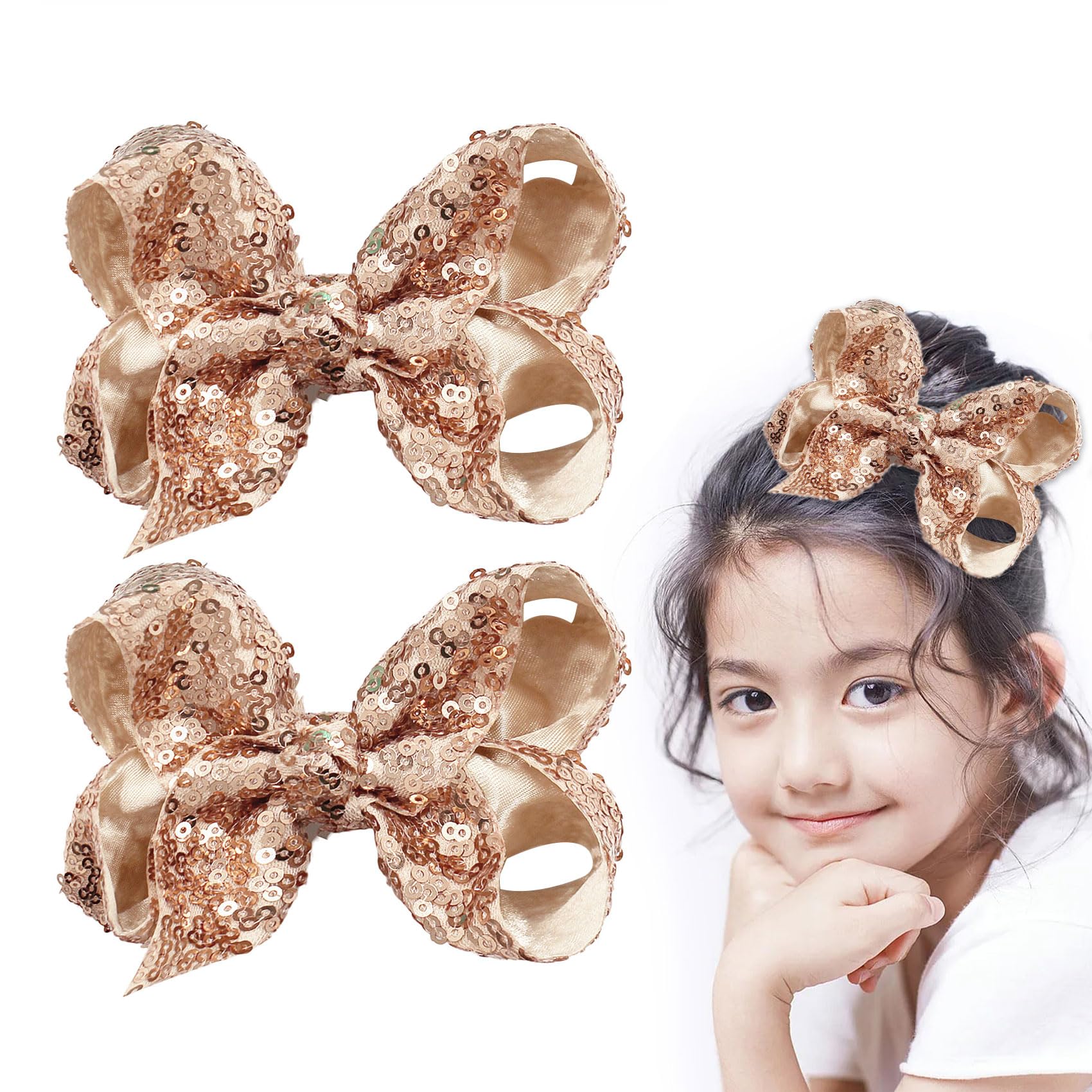 2 Pack 4 Inch Hair Bow Hair Barrettes Bow Hair Clips Hair Barrettes Alligator Hair Clip for Girls Women(Champagne)