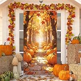 Fall Forest Door Cover Autumn Pumpkin Maple Leaves Path Banner Backdrop Fall Harvest Thanksgiving Front Indoor Outdoor Party Decor Photo Props (3x6FT)