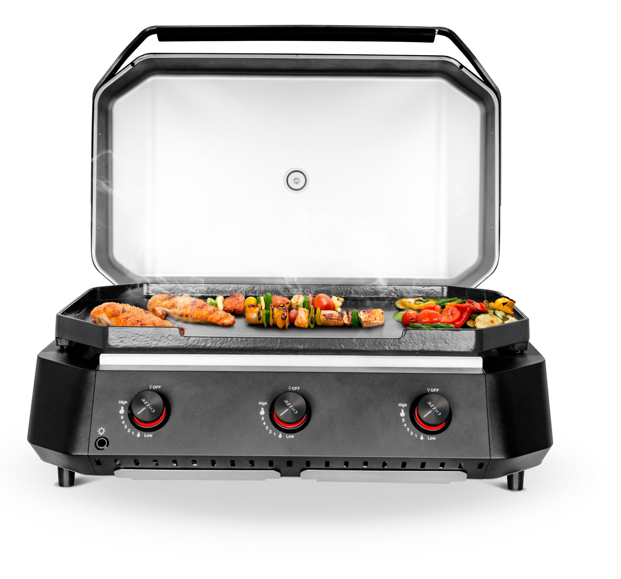 Cozze® Plancha Gasgrill, Große Grillfläche 800x500 mm - Inklusive Regler, Automatische Zündung, LED-Anzeige & Thermometer, in Schwarz/Edelstahl