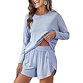 ANRABESS Womens Long Sleeve Pajama Sets 2025 Fall 2 Piece Outfits Lounge Matching Short Set Striped Pjs Loungewear Sleepwear
