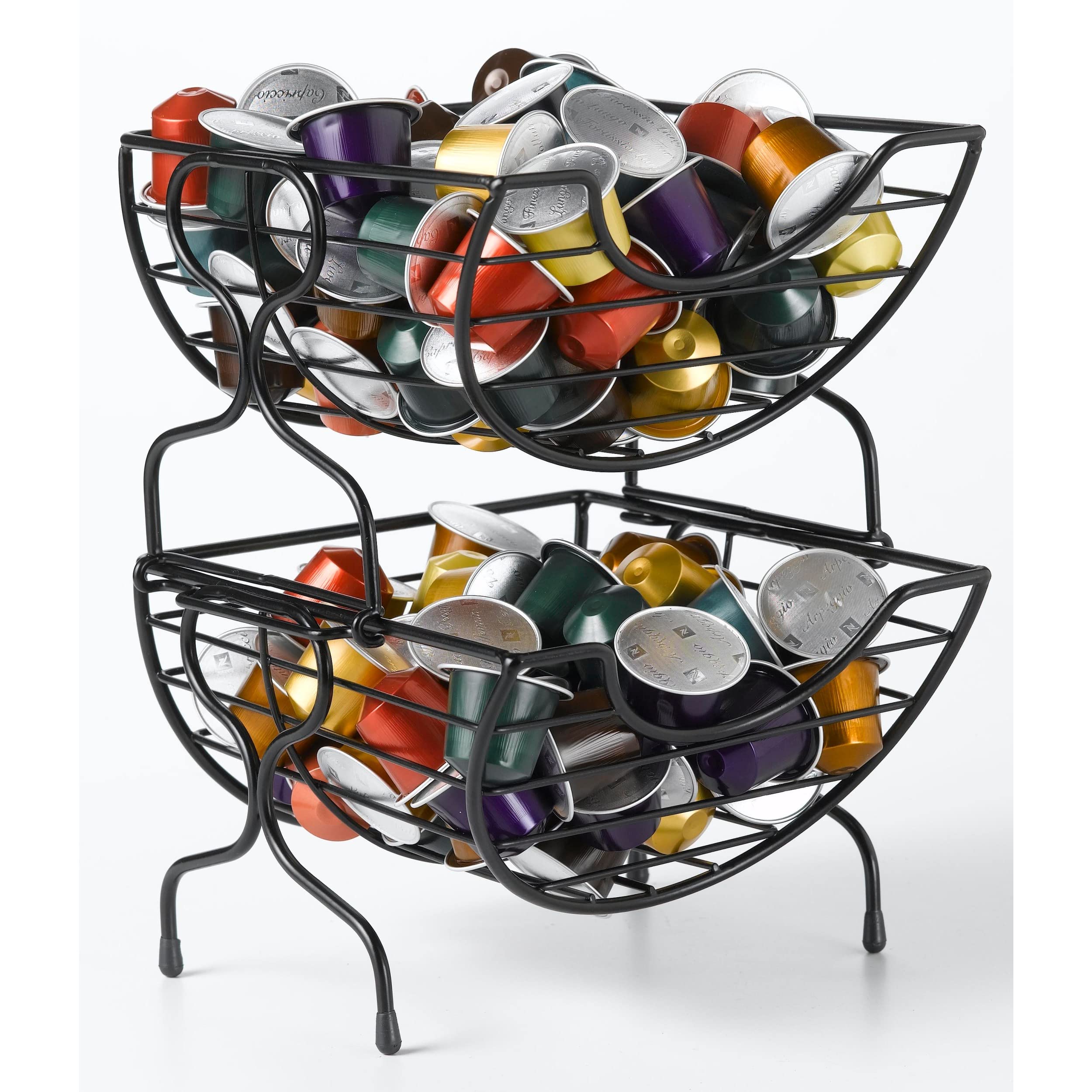 Nifty Single-Serve Wire Coffee Basket – Stacked Two-Tier Coffee Pod Storage Holder, Compatible with K-Cups, Home or Office Kitchen Counter Organizer, Modern Black Design