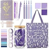 Singhoow 29 Pcs Bible Journaling Kit 16 oz Glass Cup Canvas Bag Leather Notebook Highlighters and Pens Sticky Note Tapes Valentines Gift Bible Study Supplies for Teacher Women Nurse(Boho,Purple)