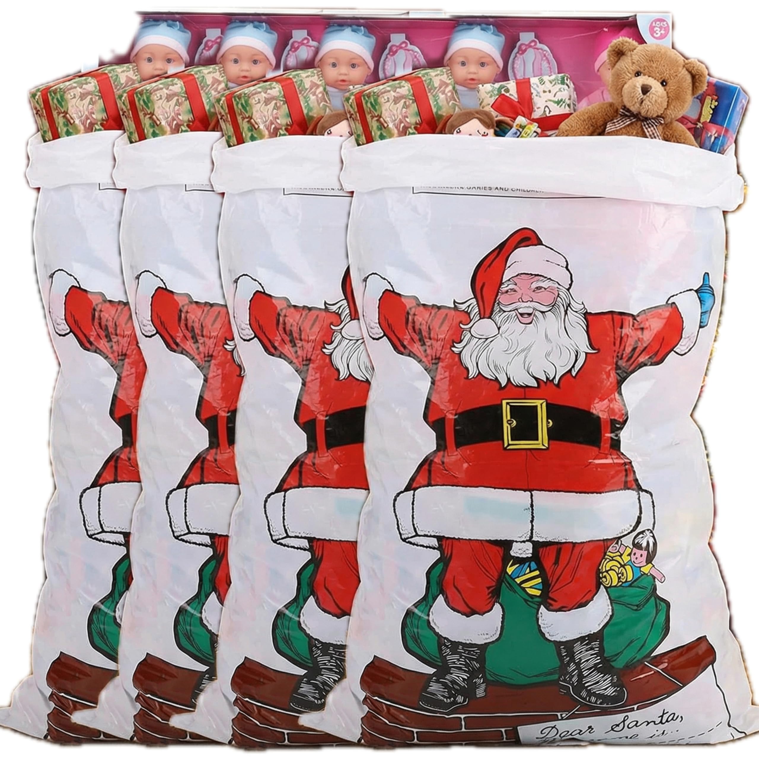 Christmas Concepts® Pack Of 4-75cm Plastic Giant Santa Sacks - Christmas Stockings (Santa Design)