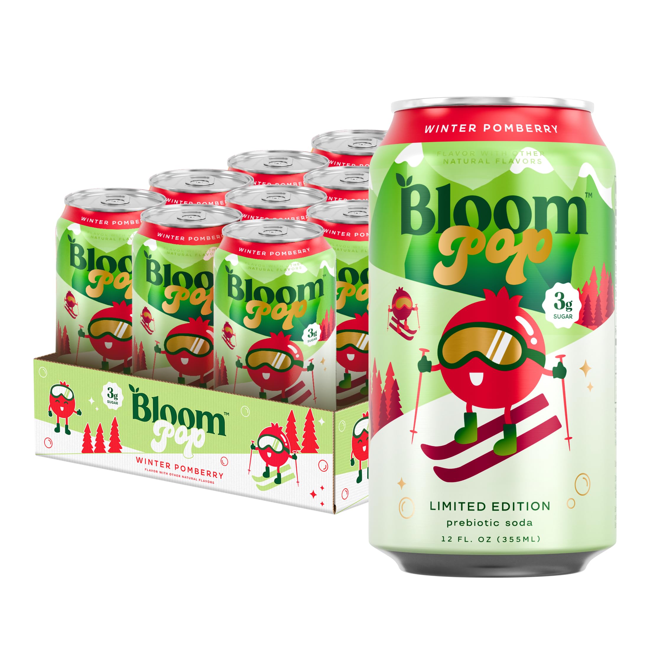 Bloom Pop Prebiotic Soda 12 Pack, Winter Pomberry Flavor, 12oz Cans | Prebiotic Soda for Gut Health, Low Calorie Soda, No Caffeine, Healthy Soft Drink Alternative Image