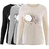 Liu & Qu Women's Nursing Tops Ribbed Long Sleeves Maternity Shirts Double Layer Breastfeeding Shirts Pregnancy Clothes 3 Pack