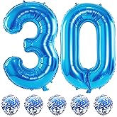40 Inch Number 30 Foil Balloons, Large Blue 30th Birthday Digital Balloons with Blue Confetti Helium Balloons, Number 0 and 3 Helium Balloons Self Inflating for Men Women Anniversary Party Decorations