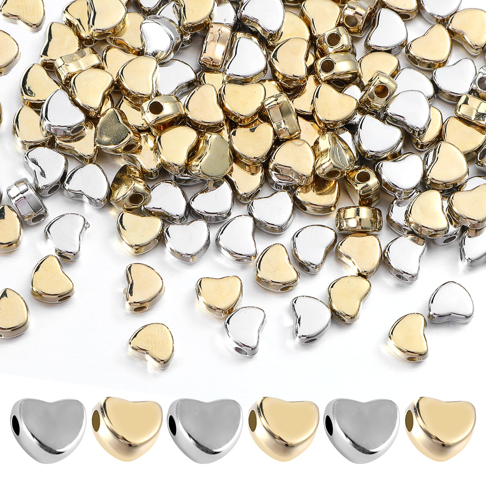 Photo 1 of 200 Pcs Silver Heart Shaped Spacer Beads - Small Hole, DIY Beads for Making Bracelet, Necklace, Earring Accessories & Handmade Charms (Gold and Silver)