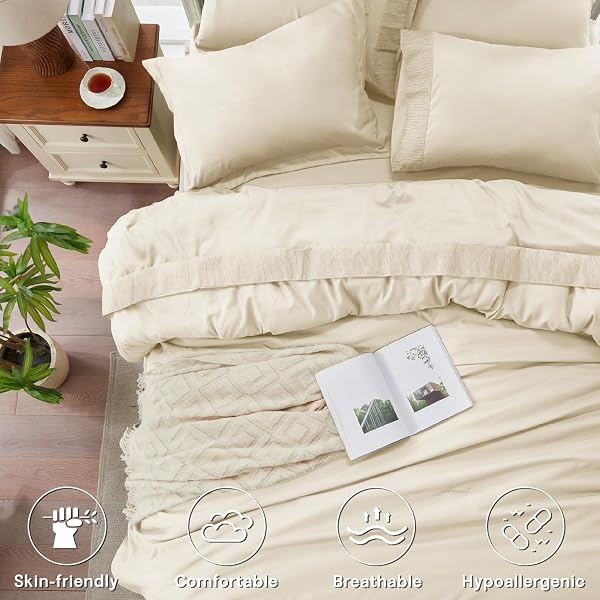 ANLUOER CREAM QUEEN COMFORTER SET 7 PIECES, BED IN A BAG WITH SHEETS, ALL SEASON BEDDING SETS WITH 1 COMFORTER, 2 PILLOW SHAMS, 2 PILLOWCASES, 1 FLAT SHEET, 1 FITTED SHEET