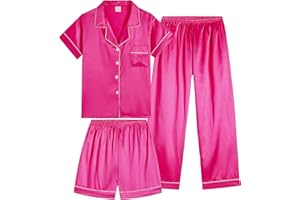 Vopmocld Satin Pajama Sets Unisex Boys and Girls Silk Button Down Short Sleeve & Shorts & Pants Sleepwear 3PCS Loungewear PJS