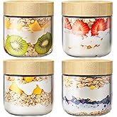 HomArtist 10oz Glass Jars with Bamboo Lids - 4 Pack: Overnight Oats, Yogurt, Salad Containers - Airtight, Leakproof, Dishwash