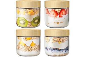 HomArtist 10oz Glass Jars with Bamboo Lids - 4 Pack: Overnight Oats, Yogurt, Salad Containers - Airtight, Leakproof, Dishwash