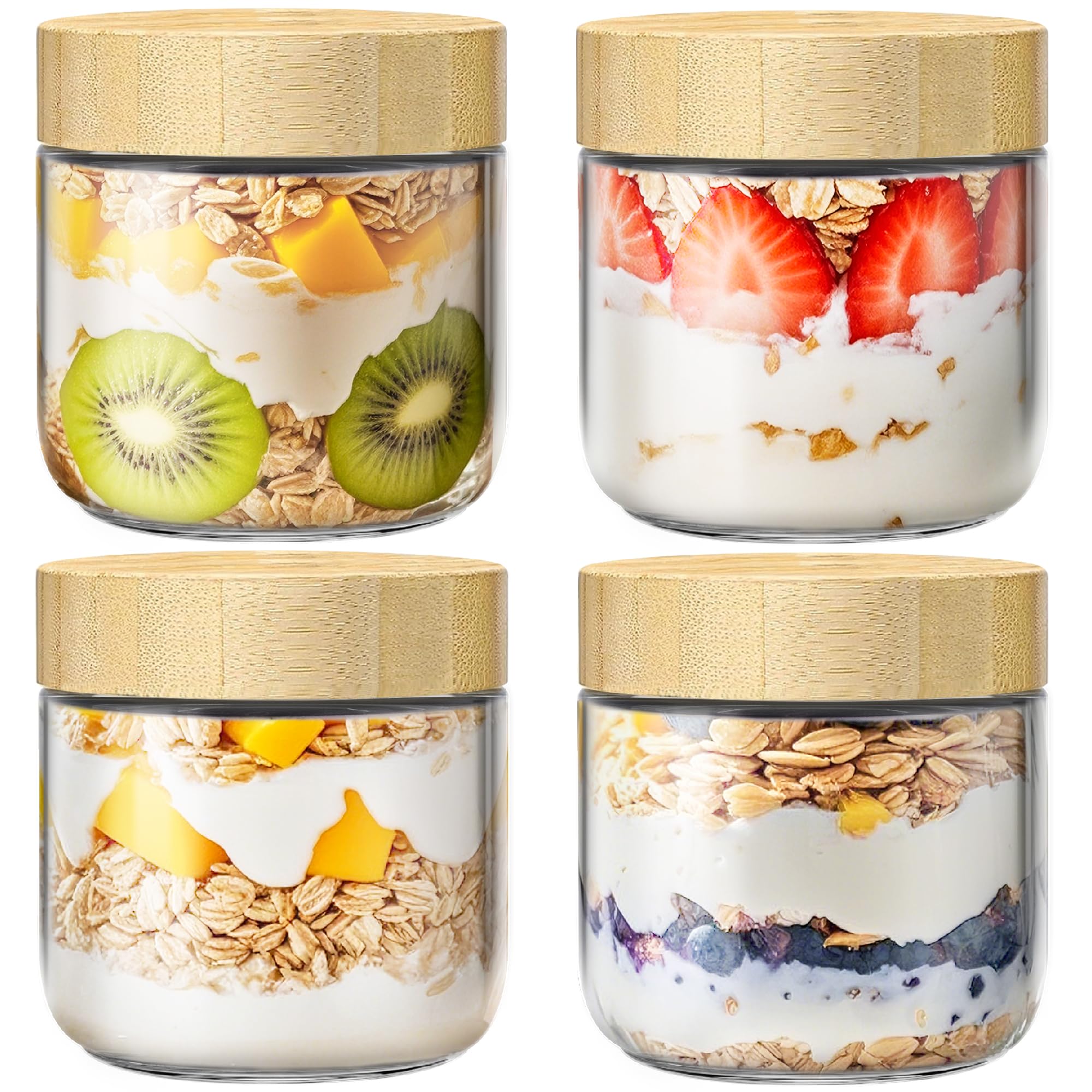 Photo 1 of 4 Pack 10oz Overnight Oats Containers with Bamboo Lids, Glass Jars with Airtight Lids for Meal Prep, Wide Mouth Mason Salad Jars, Glass Food Storage Container for Yogurt Chia Snacks Spice Sugar