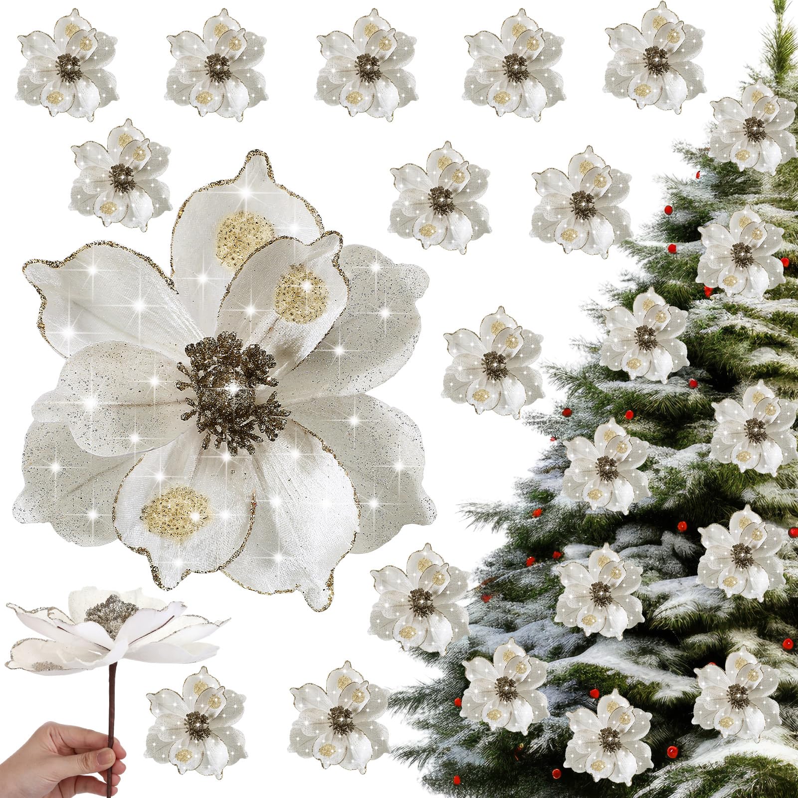 Photo 1 of ****Factory seal****
Outus 24 Pcs Large Velvet Christmas Flowers Ornaments 3 Size Artificial Glitter Magnolia Poinsettia with Stems for Christmas Tree Holiday Wedding Party Office Home Decoration(Beige)