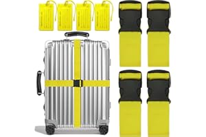 LEEHOOM 8 Pack Luggage Straps Suitcase Tags Set,Adjustable Suitcase Belts TSA Approved Silicone Luggage Tags Travel Suitcase Tags with Name ID Card for Luggage Suitcase Travel Accessories - Yellow