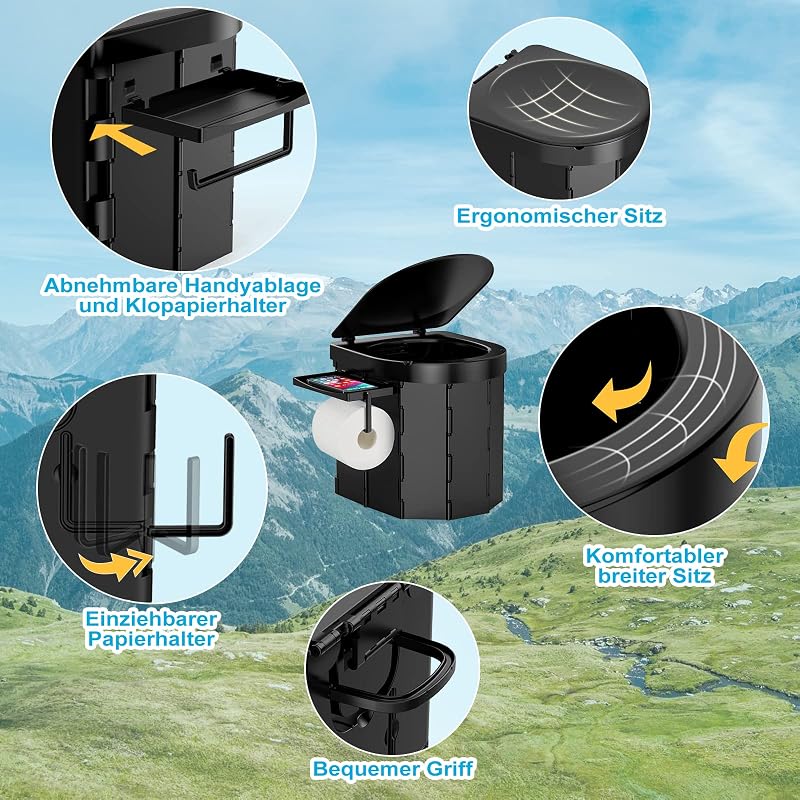 Campingtoilette Mobile Toilette Reisetoilette, Tragbare Toilette für drinnen und draußen belastbar bis zu 180kg, Falttoilette mit Beutel und Papierhalter, Camping Klo für Camping Reisen Notfall