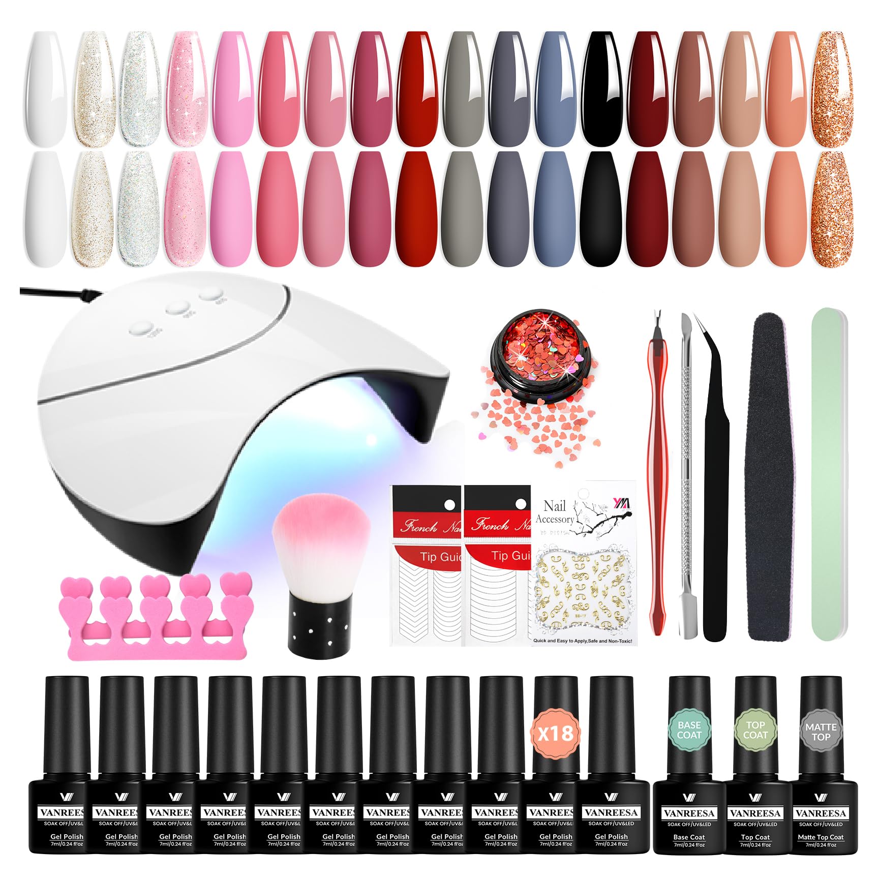 VANREESA Gel Nail Polish Set, 18 Colours Gel Nail Kit with 36W U V Lamp Classic Nude Pink Brown Dark U V Nail Polish Starter Set with Base and Top Coat Manicure Salon Kit DIY at Home Gifts for Women