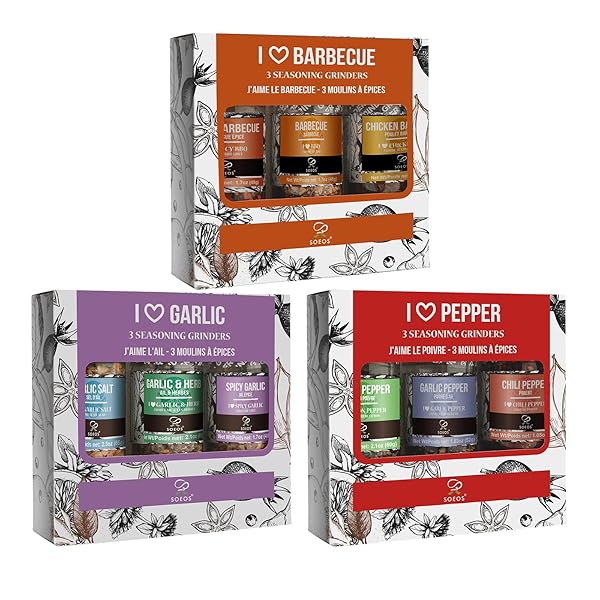SOEOS SPICE SEASONING SET OF 9 WITH INTEGRATED GRINDERS, INDIVIDUAL SPICE GRINDER, PURE AND FRESH PERFECT FOR BBQ SEASONING GIFT SET, GRILLING SPICE, PEPPER GRINDER,COLORFUL